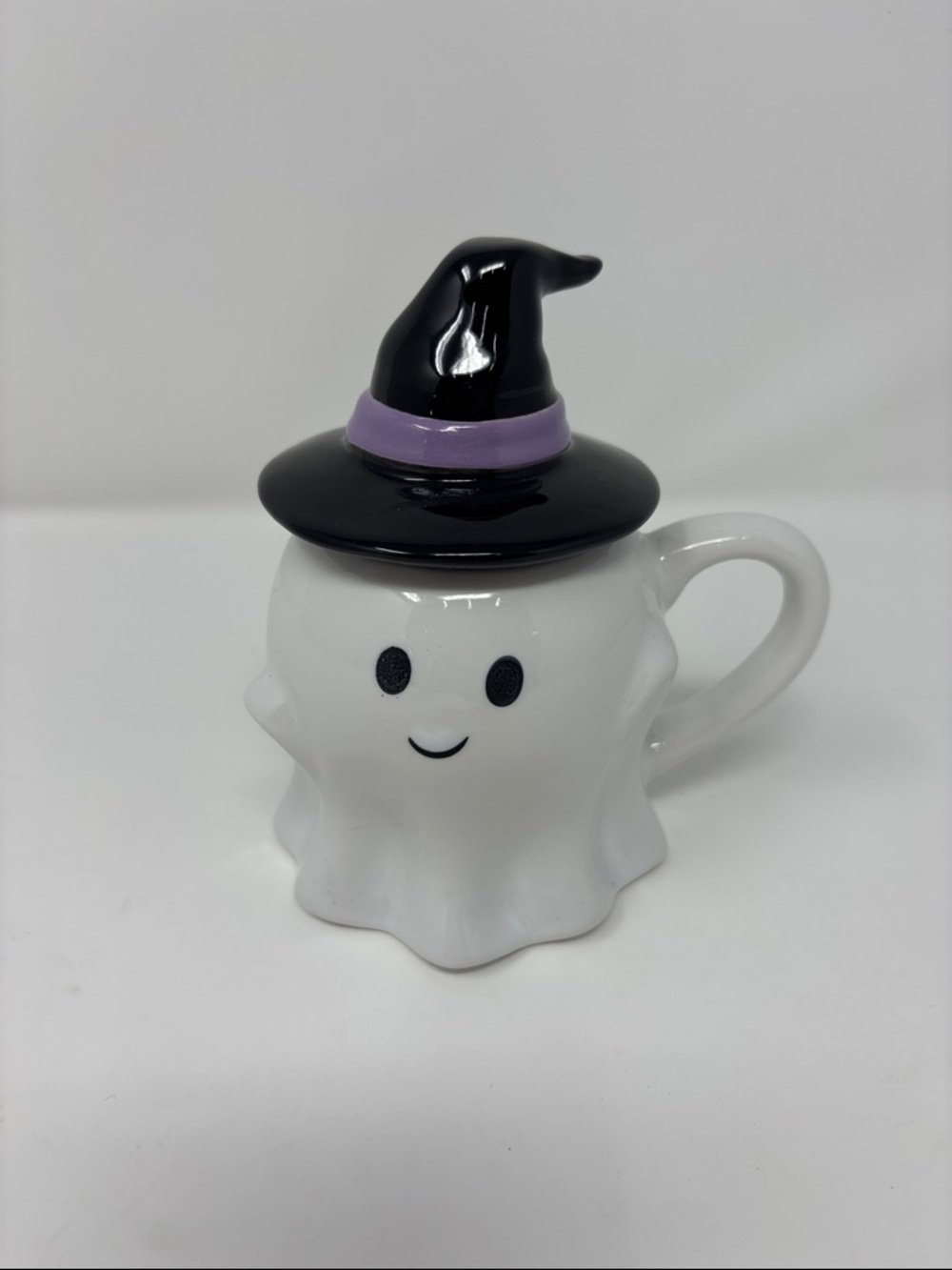 Hyde and Eek! Ghost Mug with Witch Hat Lid with Purple Trim stoneware